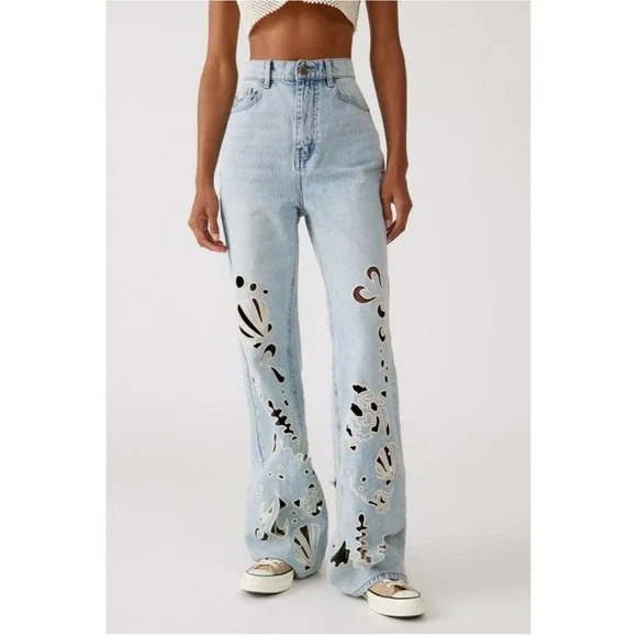 BDG Light Blue Flare Jeans with Artistic Patterns - Picture 3 of 15